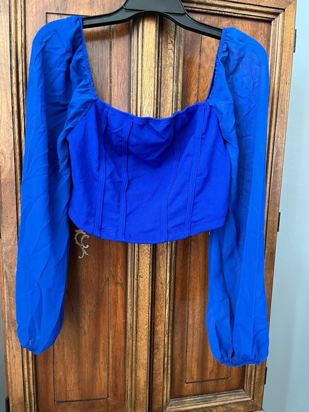Blue Long Sleeve Square Neck Crop Top